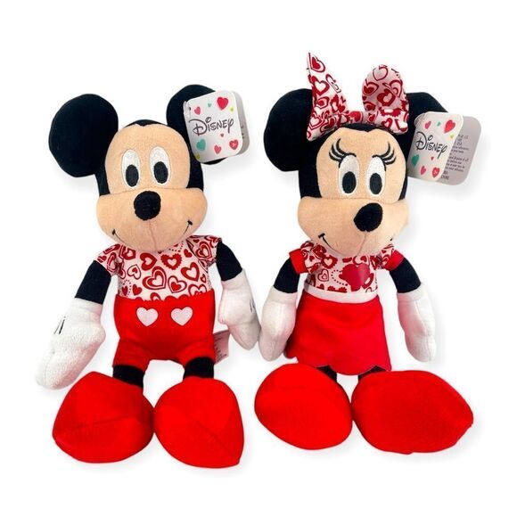 Disney Mickey and Minnie Mouse Red White Hearts Valentine 10” Bean Plush Set - Picture 3 of 15